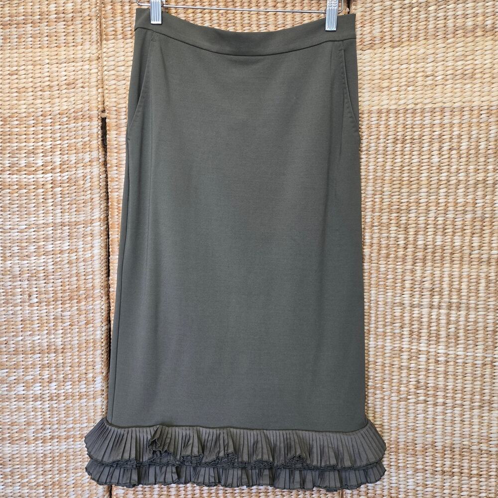Max Mara Womens Office Siren Olive Green Pleated Ruffle Hem Midi Pencil Skirt 10